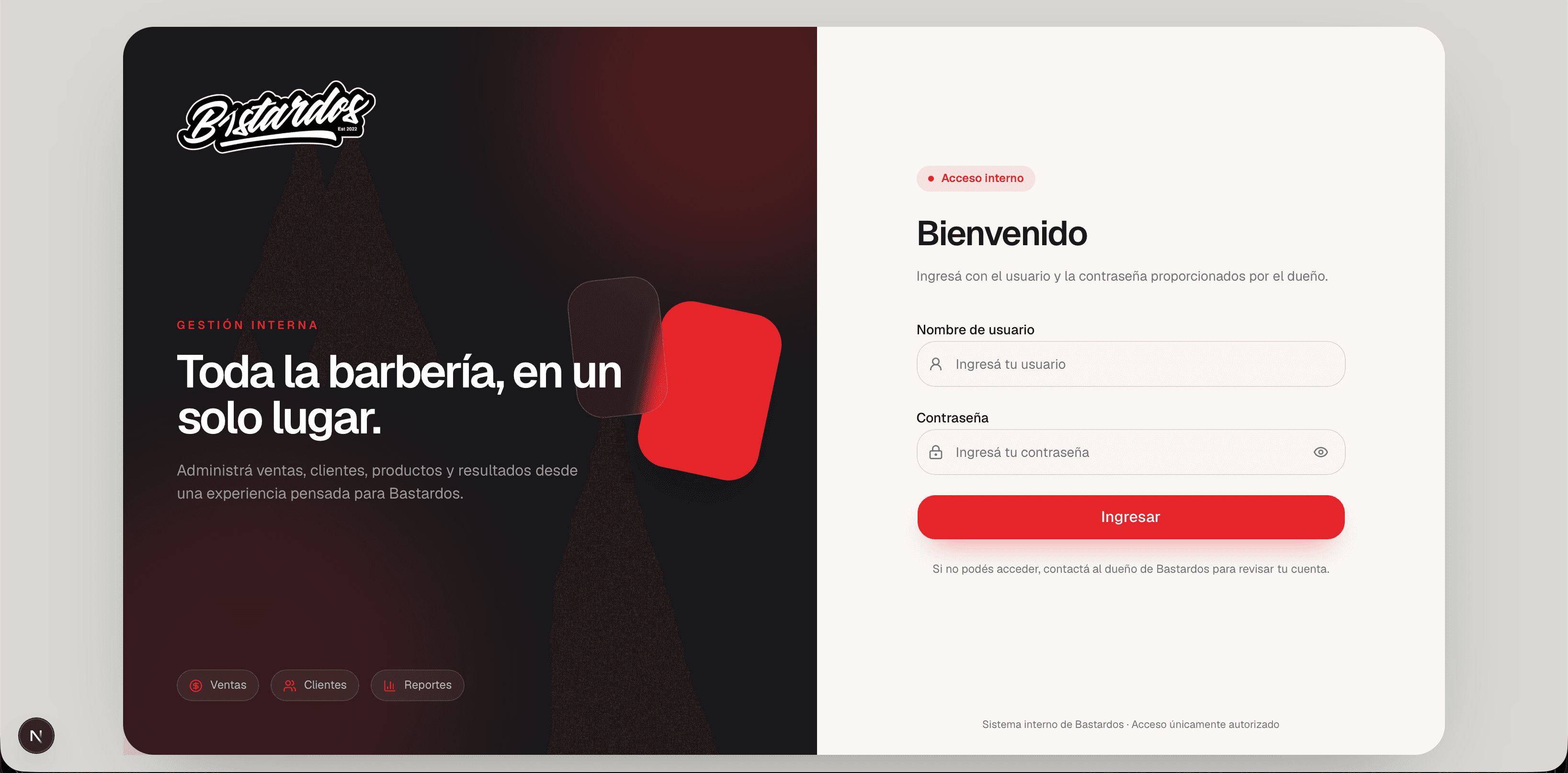 Pantalla de acceso del sistema privado de Bastardos
